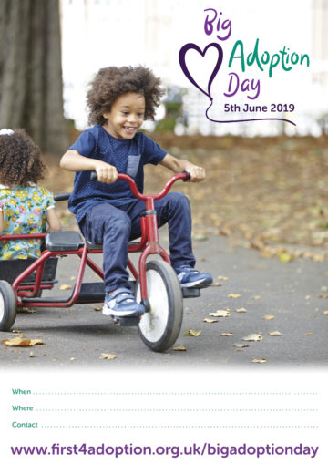 Big Adoption Day Poster – Boy on a tricycle (with information lines)